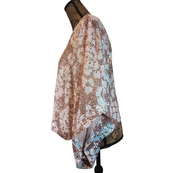 ENTRO WOMEN'S MEDIUM PINK GOLD SEQUIN PONCHO DOLMAN BLOUSE TOP - Picture 4 of 12
